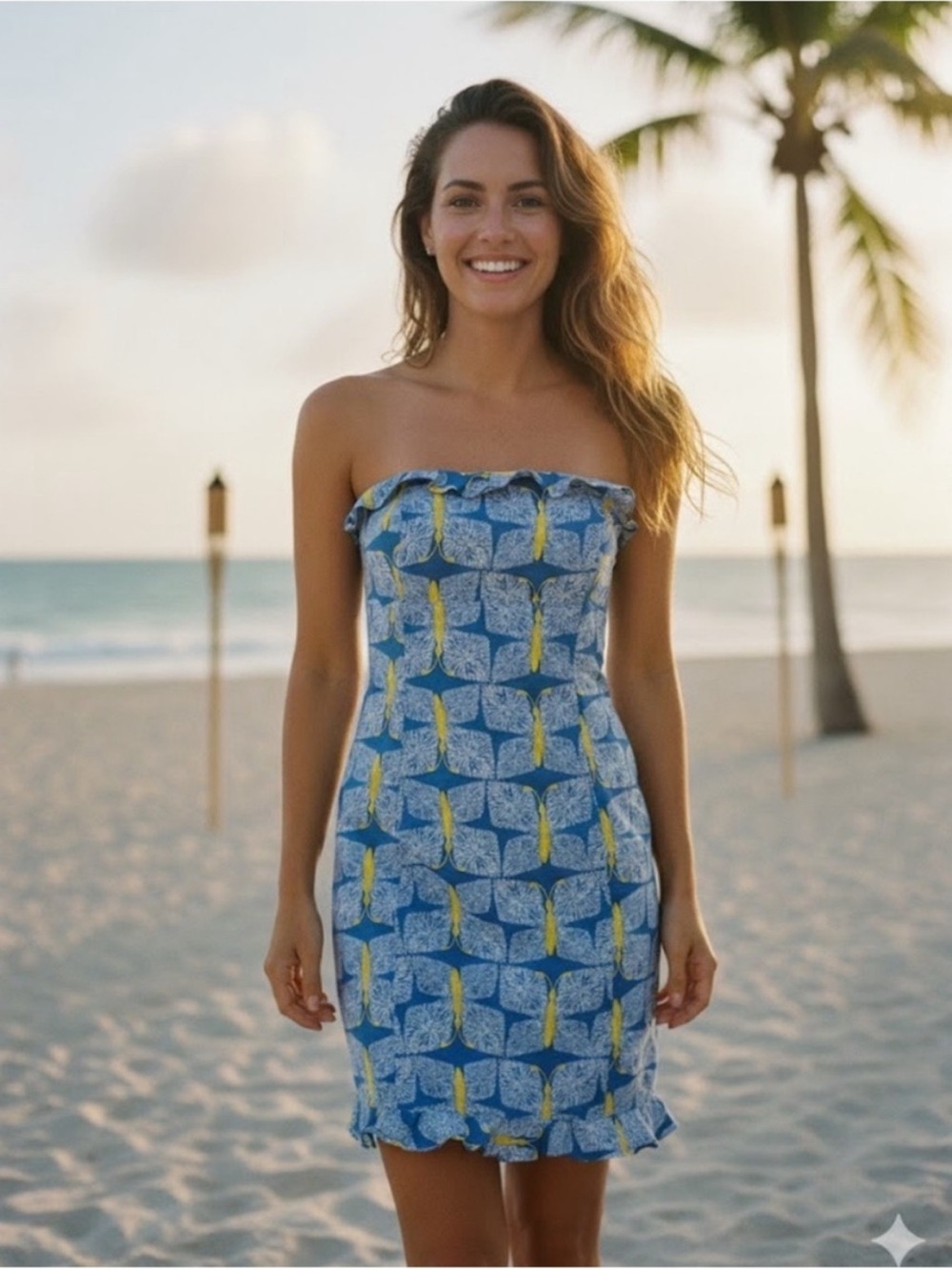 Lilly Pulitzer Blue and Yellow Strapless Summer Dress - Picture 1 of 7